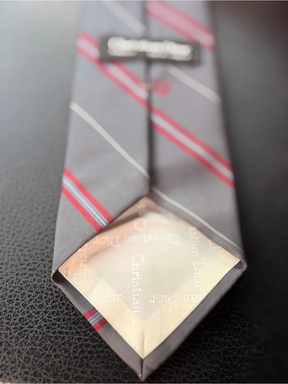 Dior Gray Silk Tie with Red and White Diagonal Stripes